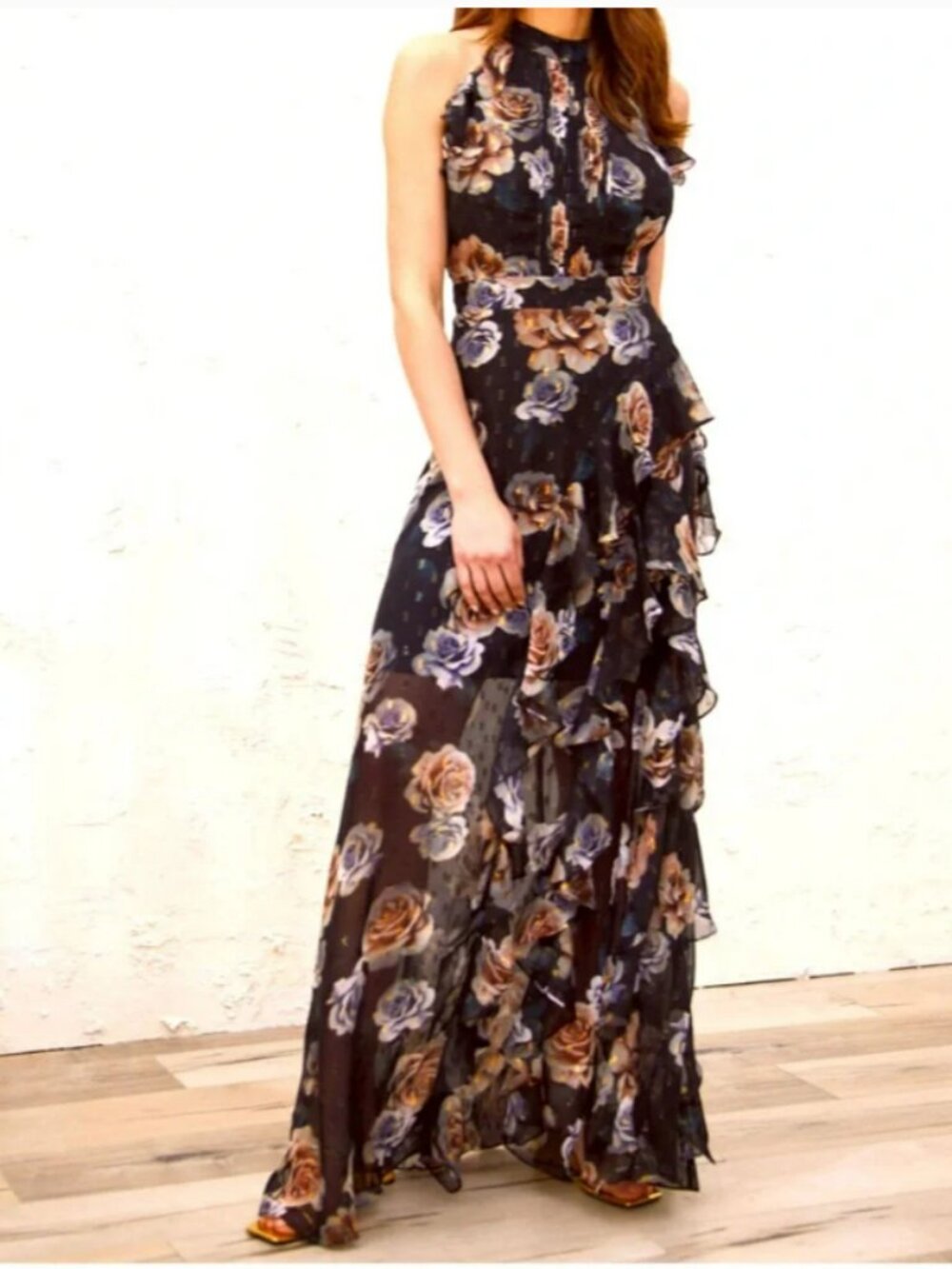 Betsy & Adam halter neck black floral ruffle full length dress size 12